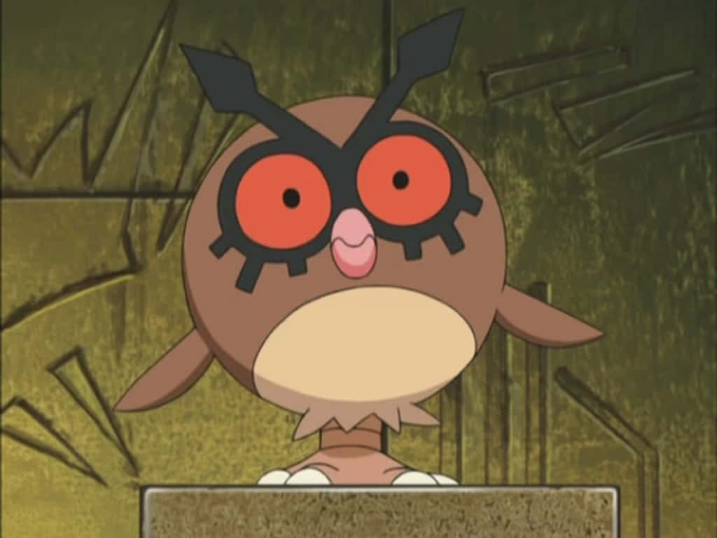 Hoothoot Pokemon front view anime style red eyes clock crest minimalist brown wallpaper
