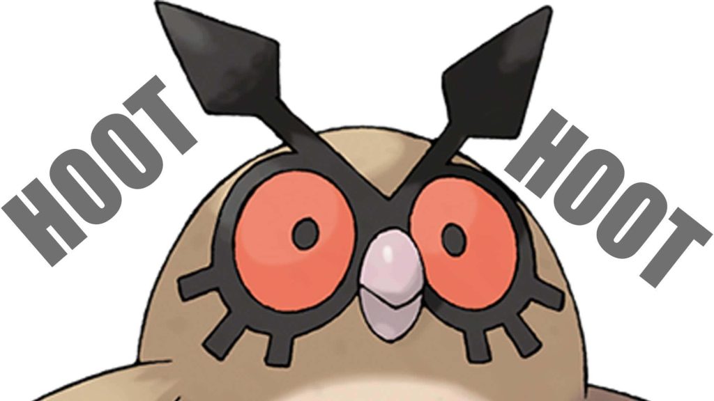 Minimalist Pokémon Hoothoot wallpaper with clock-hand eyebrows red eyes and HOOT HOOT text