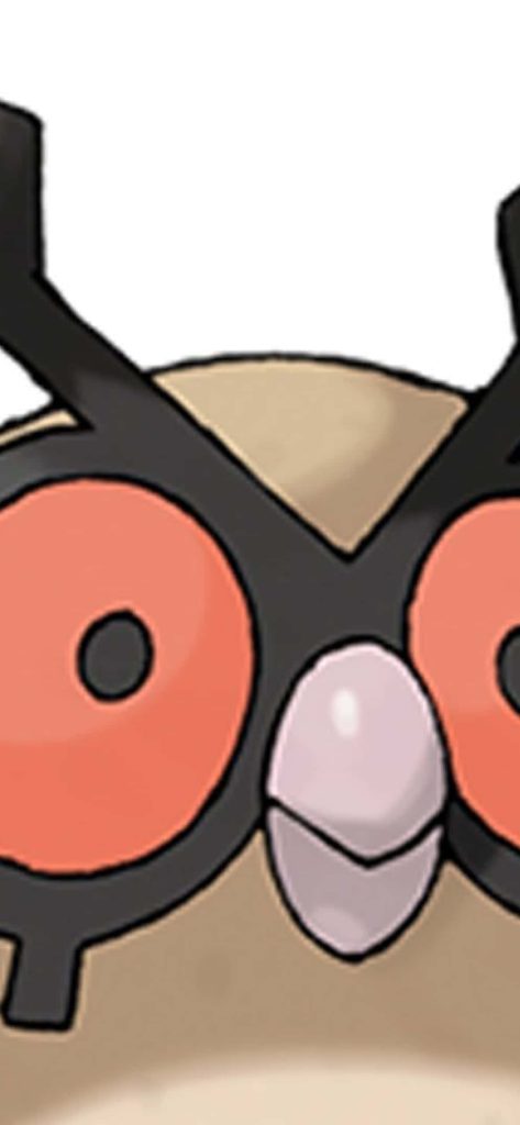 Extreme close-up of Hoothoot Pokémon face with red eyes and black mask on minimalist wallpaper