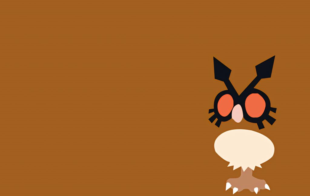 Minimalist Pokémon Hoothoot wallpaper with clock-hand ears and bright orange eyes on brown background
