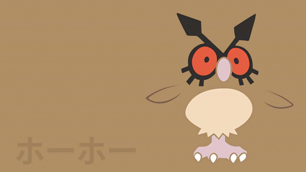 Minimalist Pokémon Hoothoot wallpaper with large orange eyes and Japanese name on tan background