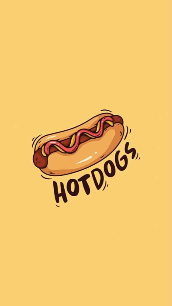 Minimalist hot dog wallpaper with mustard ketchup on warm yellow background and hotdogs text