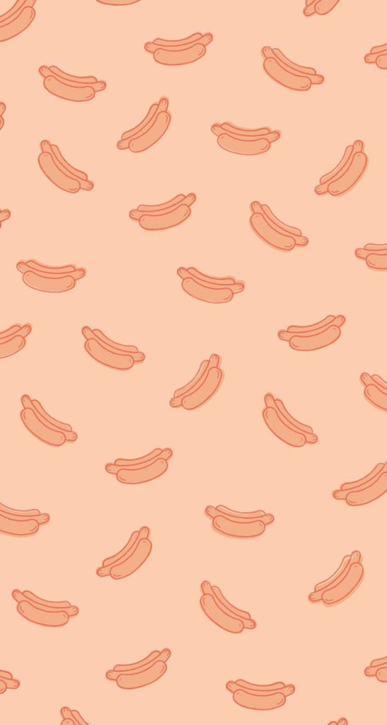 Minimalist hot dog wallpaper with hand-drawn cute hot dogs on pastel peach background seamless pattern