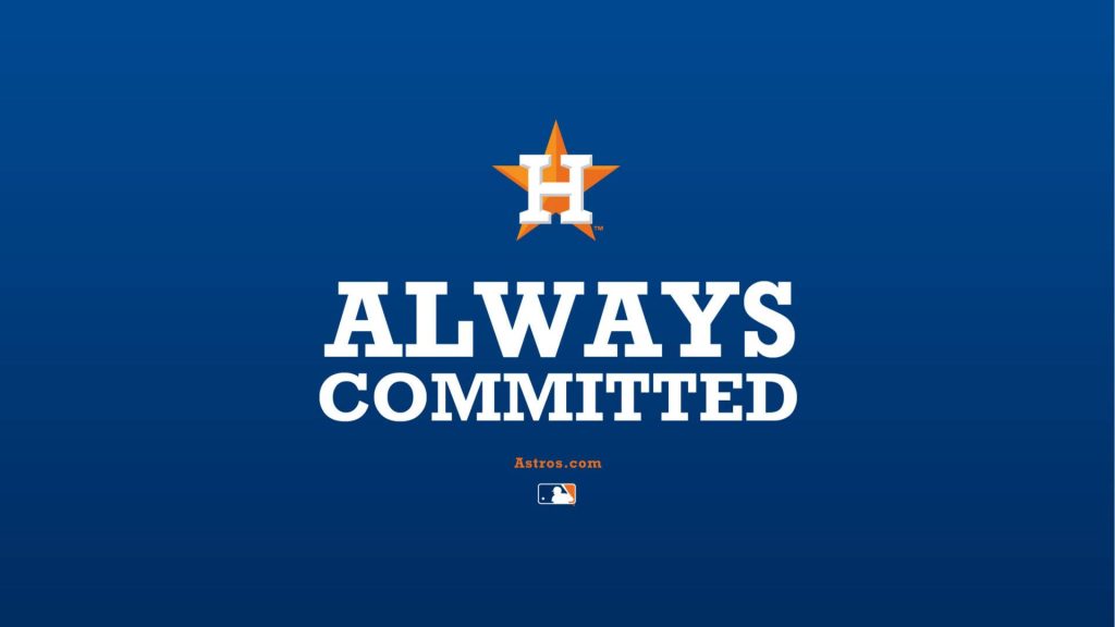 Houston Astros minimalist wallpaper with H star logo and Always Committed slogan on blue background