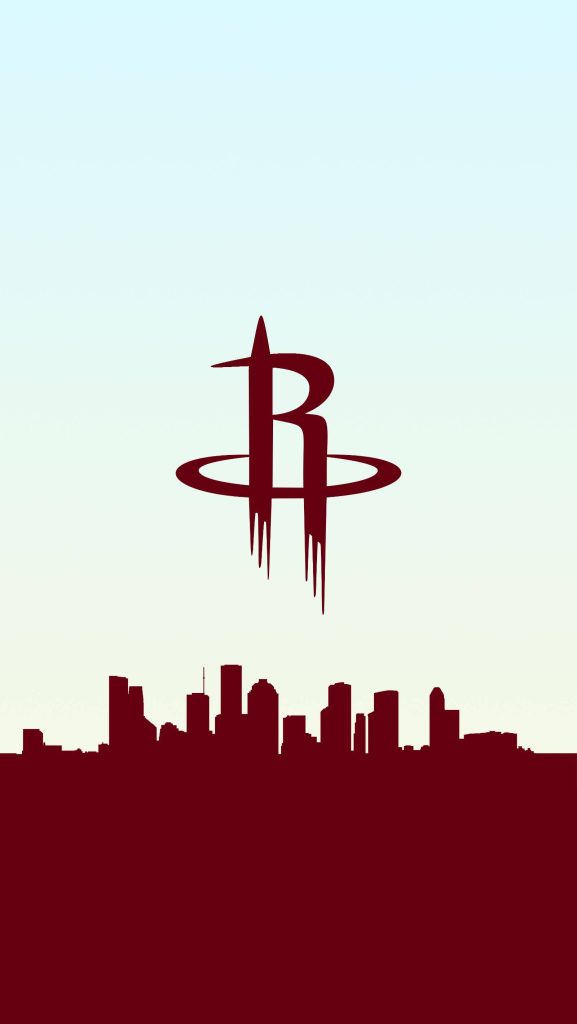 Houston Rockets logo above Houston skyline silhouette minimalist NBA wallpaper background