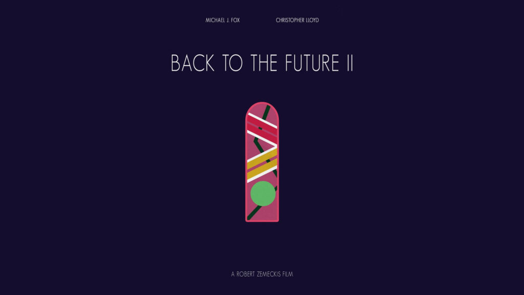 Minimalist hoverboard wallpaper with Back To The Future II text on dark background design