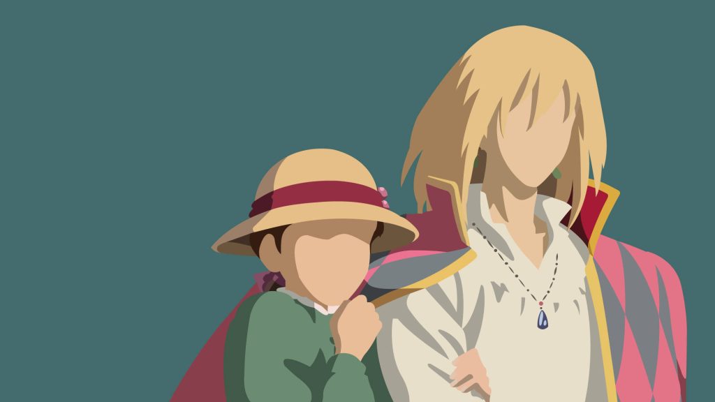 Minimalist vector art of Howl and Sophie from Howls Moving Castle on soft teal background wallpaper