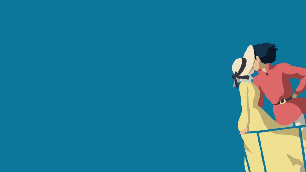 Minimalist Howls Moving Castle wallpaper Sophie and Howl kissing on blue background romance art