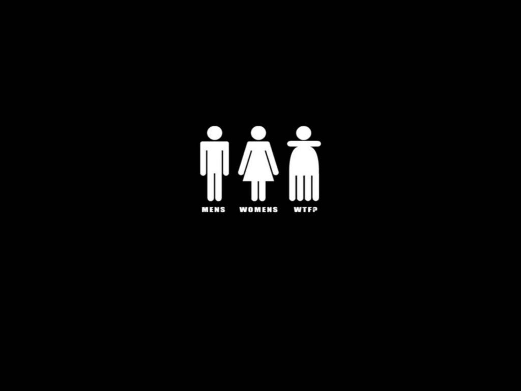 Minimalist restroom sign wallpaper with mens womens and surreal multi legged WTF creature on black