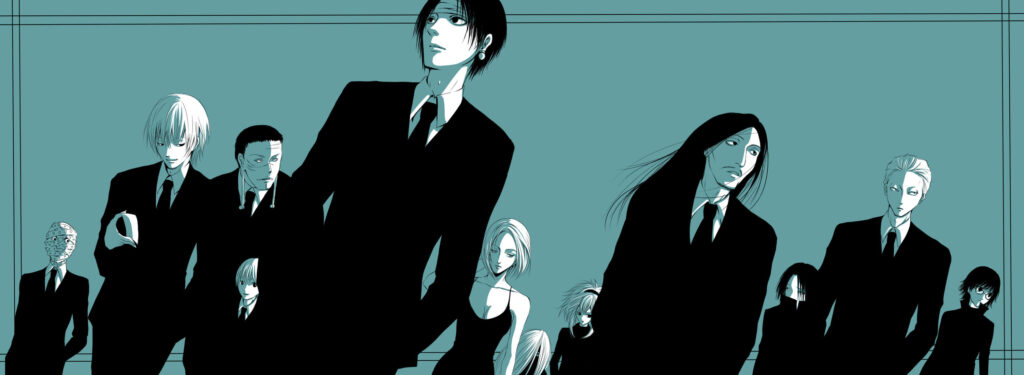Minimalist Hunter X Hunter Wallpaper: Characters in Suits on Teal