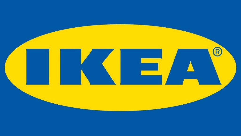 Minimalist IKEA logo wallpaper with bold blue text in yellow oval on deep blue background background