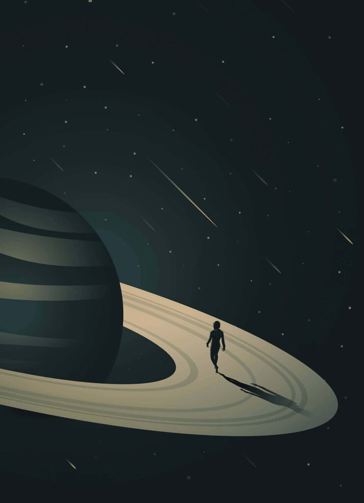 Serene Minimalist Illustration of a Figure on Planet Rings in Space Wallpaper