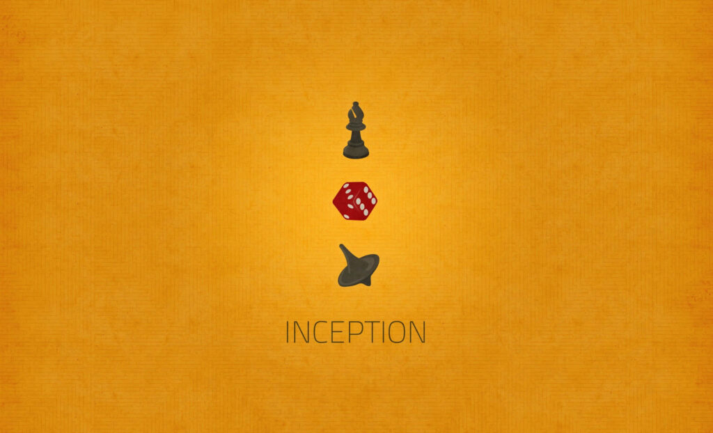 Minimalist Inception wallpaper with chess piece red die spinning top on textured orange background