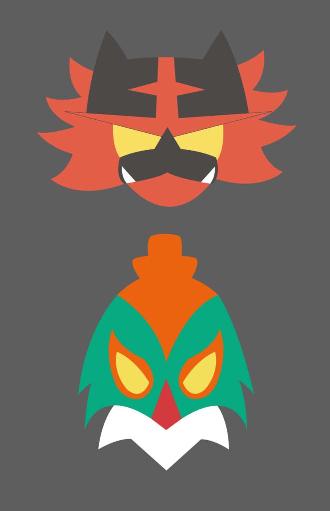 Minimalist Pokémon wallpaper with Incineroar and Hawlucha vector heads on dark grey background