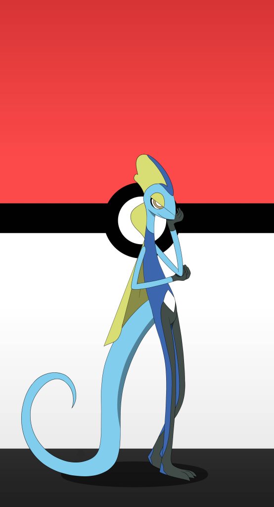 Minimalist 2D Inteleon Pokémon wallpaper with sleek Water-type pose on red and white Poké Ball background