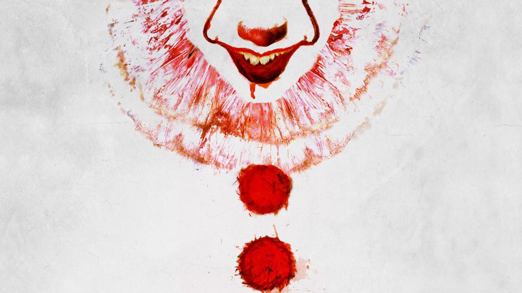 Minimalist It 2017 wallpaper featuring Pennywise clown close-up with textured grunge background