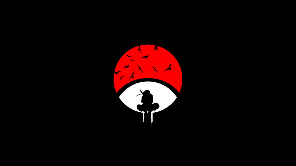 Itachi Uchiha silhouette with red white Uchiha fan crest and flying crows on black wallpaper