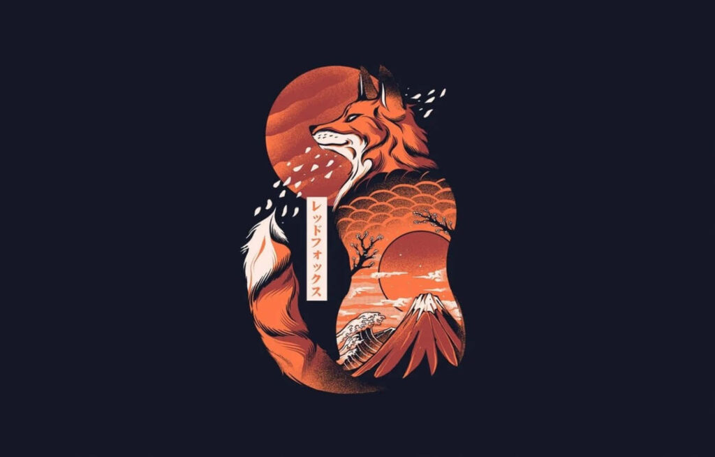 Minimalist Japanese Wallpaper: Cute Red Fox in Serene Landscape