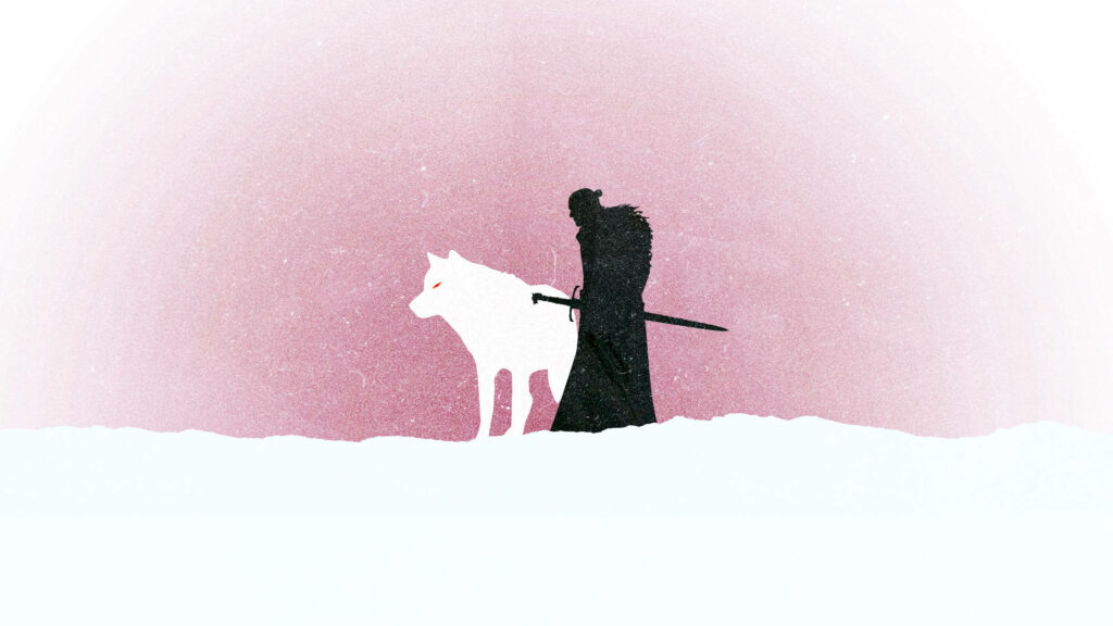 Minimalist Jon Snow & Ghost Wallpaper on Soft Pink Snowy Background