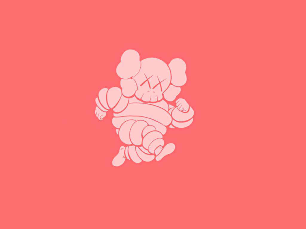 Minimalist Kaws Chum character outlined in soft pink on solid pink paint background wallpaper