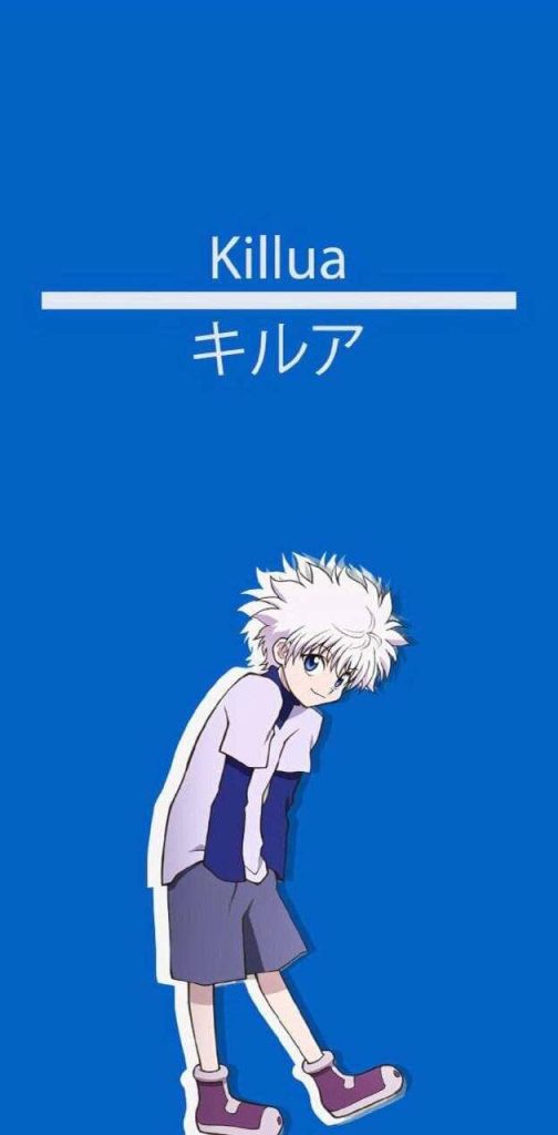 Minimalist Hunter x Hunter wallpaper featuring Killua Zoldyck in blue background with text