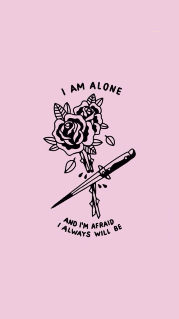 Minimalist Wallpaper: Knife & Roses with Emotional Text on Pink
