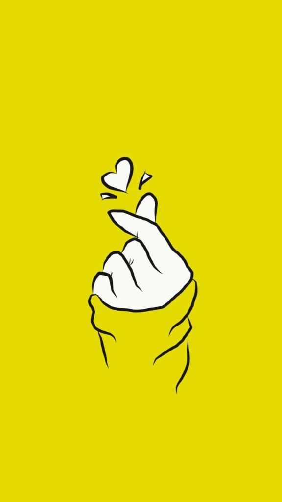 Minimalist K-pop finger heart line art on vibrant yellow background BTS fan phone wallpaper