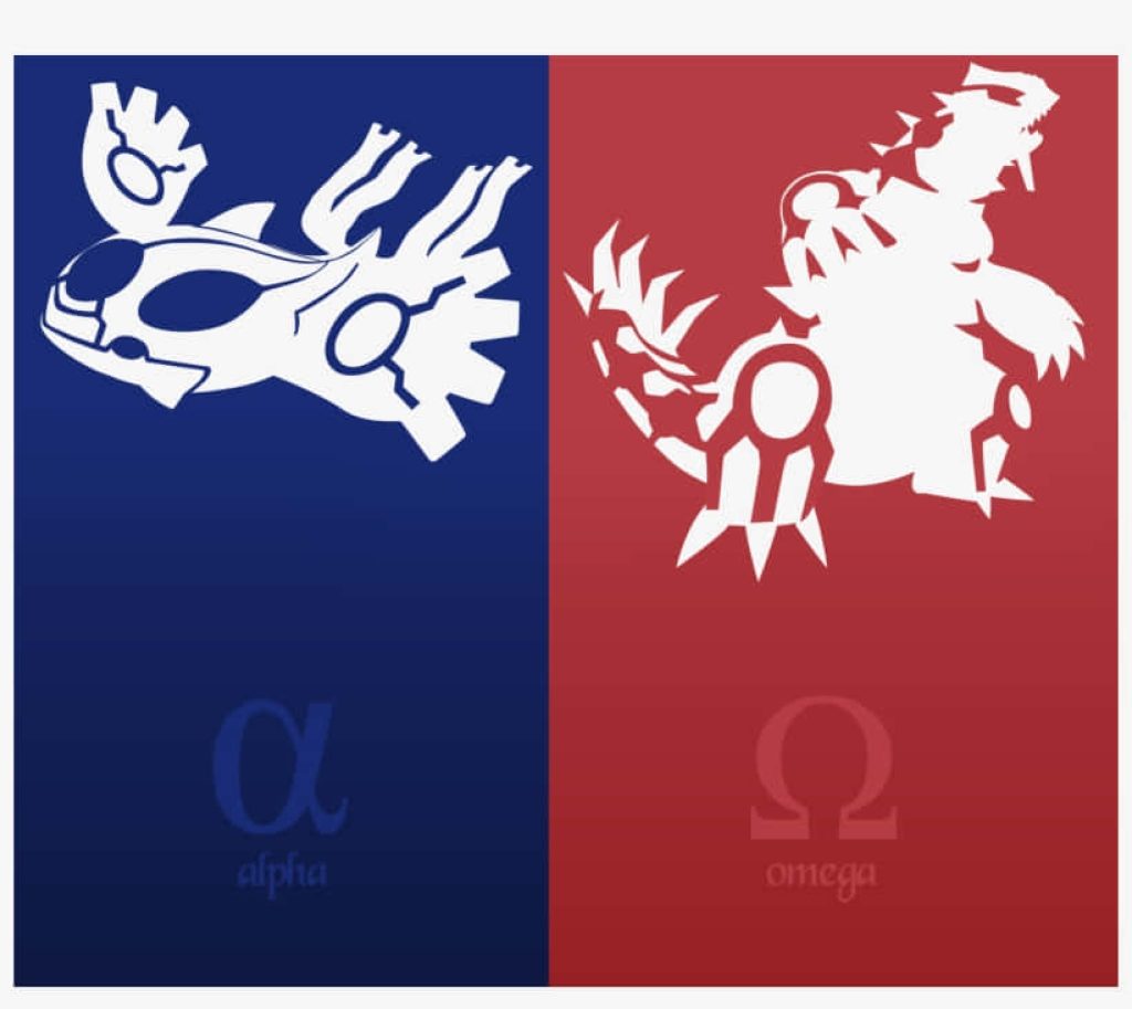 Minimalist Kyogre and Groudon split gaming wallpaper with Alpha and Omega symbols vector art