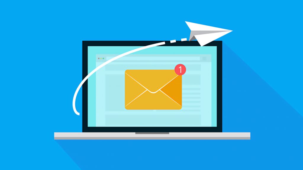 Minimalist laptop with email notification yellow envelope red alert blue background paper plane Wallpaper