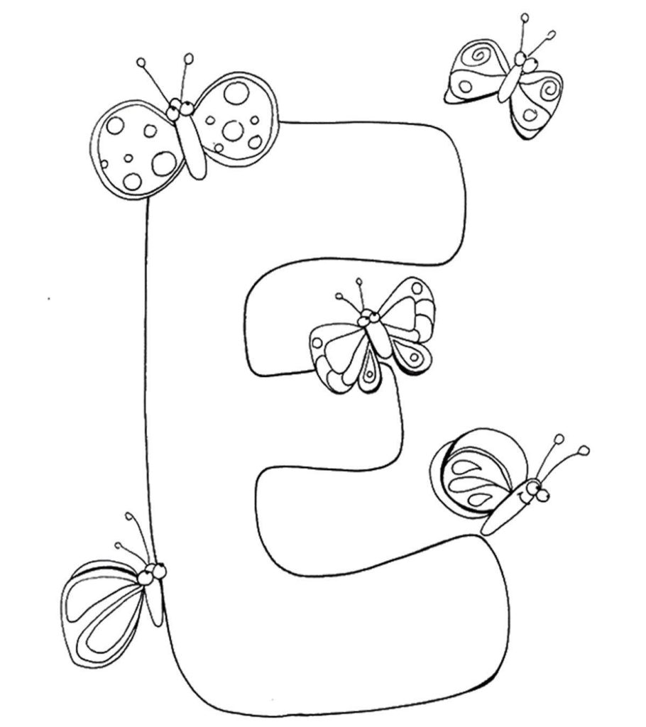 Minimalist black and white line art of capital letter E with playful butterflies for wallpaper