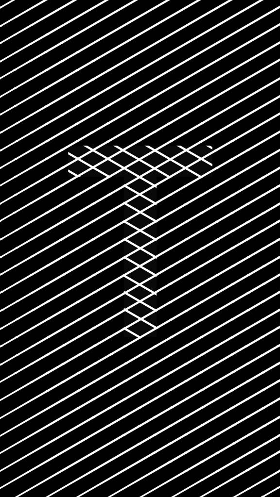 Minimalist letter T wallpaper with cross-hatch grid and diagonal white lines on black background