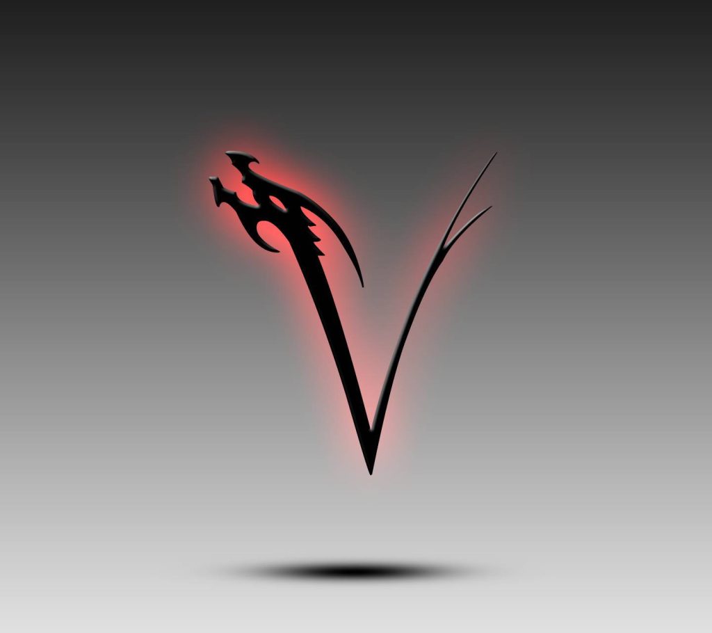 Black dragon shaped Letter V wallpaper with red glow on gray gradient background minimalist art