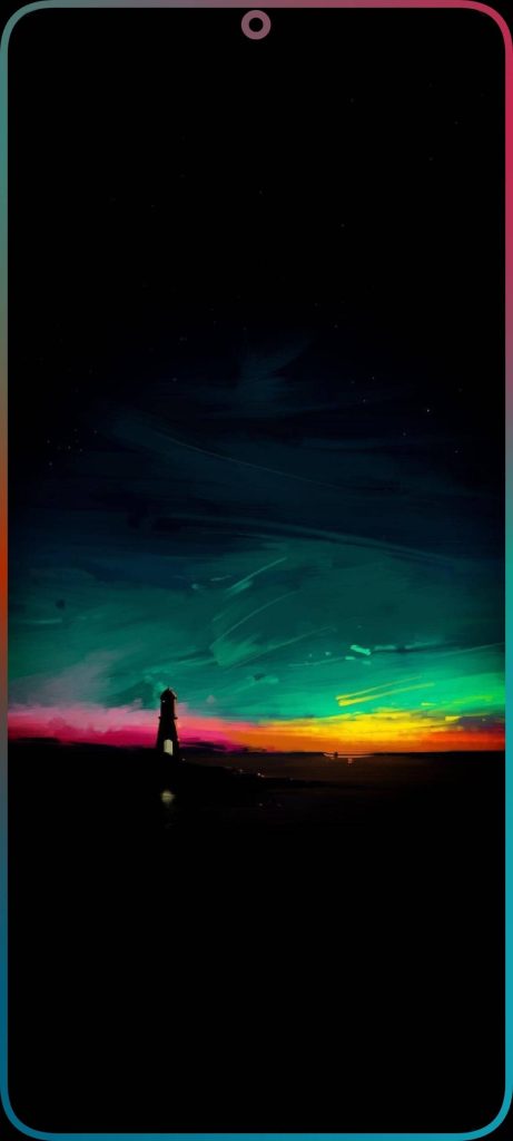 Minimalist lighthouse silhouette with vibrant pink green twilight sky punch-hole wallpaper for Redmi Note 9