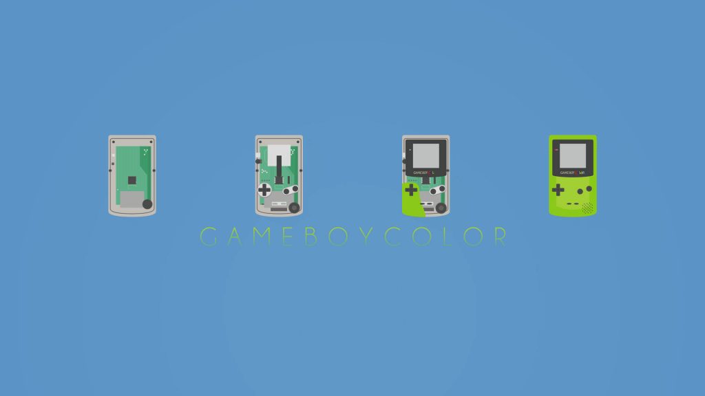 Minimalist wallpaper showing lime green Game Boy Color build steps on soft blue background retro gaming