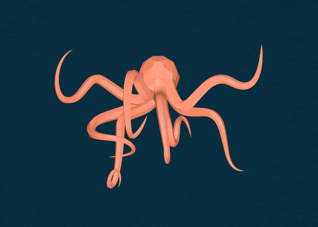 Low poly peach octopus with geometric shapes on deep navy background minimalist art wallpaper
