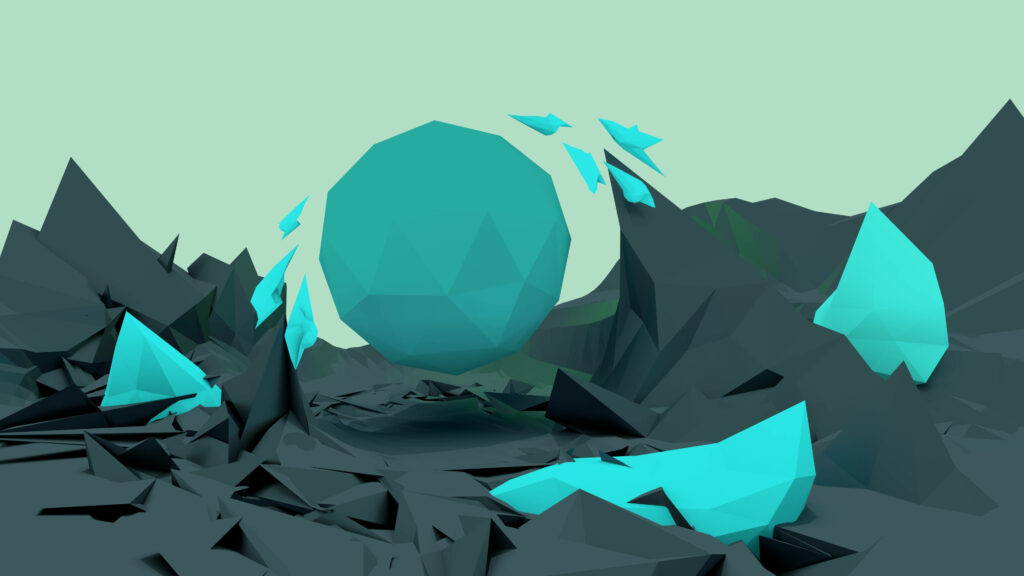 Low-Poly Wallpaper: Giant Cyan Orb in Geometric Fragmented Landscape