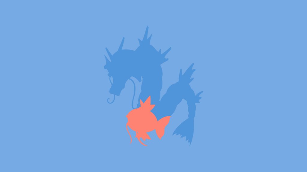 Minimalist Magikarp and Gyarados silhouette wallpaper on serene blue background Pokemon art