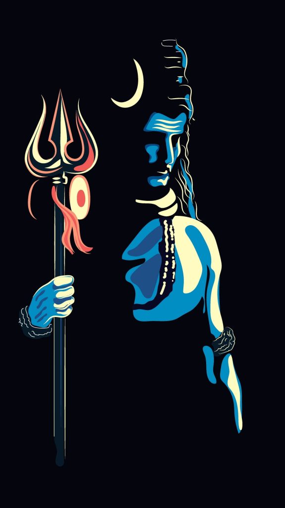 Minimalist Mahadev wallpaper with Lord Shiva Rudra avatar crescent moon trishul blue phone background
