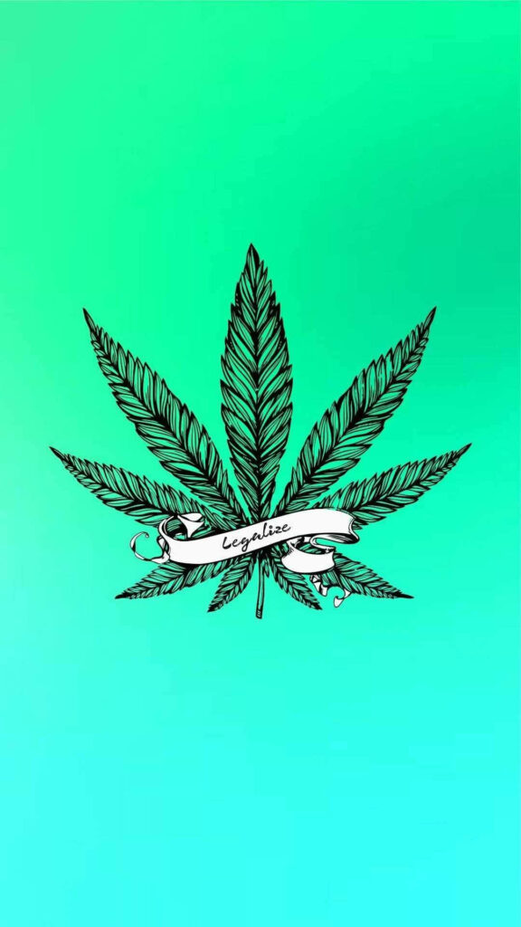 Minimalist marijuana leaf line art with legalize ribbon on smooth teal gradient wallpaper background
