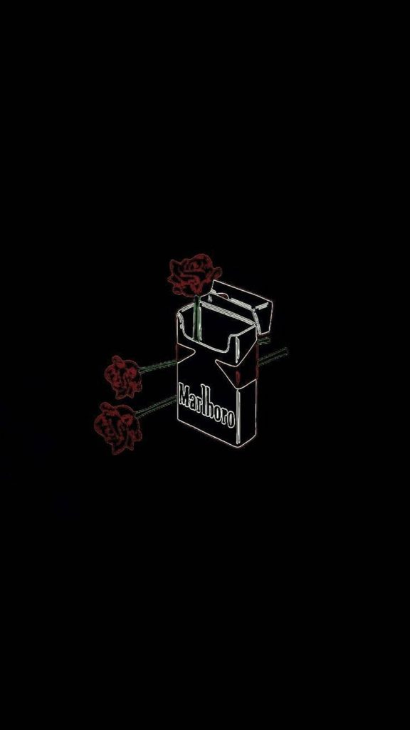 Minimalist dark wallpaper with white Marlboro pack and three red roses on black background