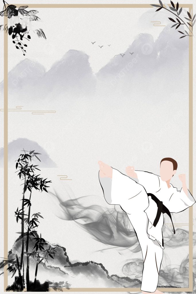Minimalist martial artist in white gi high kick with ink-wash mountains bamboo background wallpaper