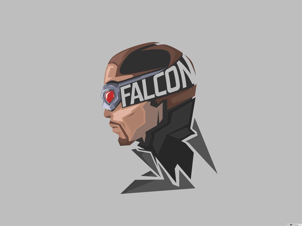 Minimalist digital art of Marvel Falcon side profile with red goggles and bold Falcon text background Wallpaper