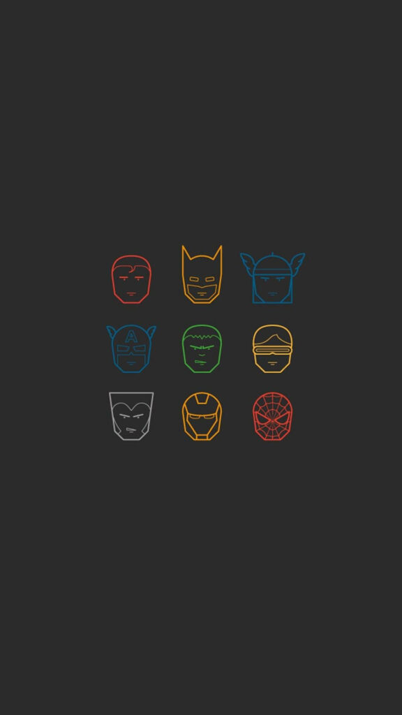Minimalist iPhone Wallpaper: Line-Drawn Marvel Heroes on Dark Background