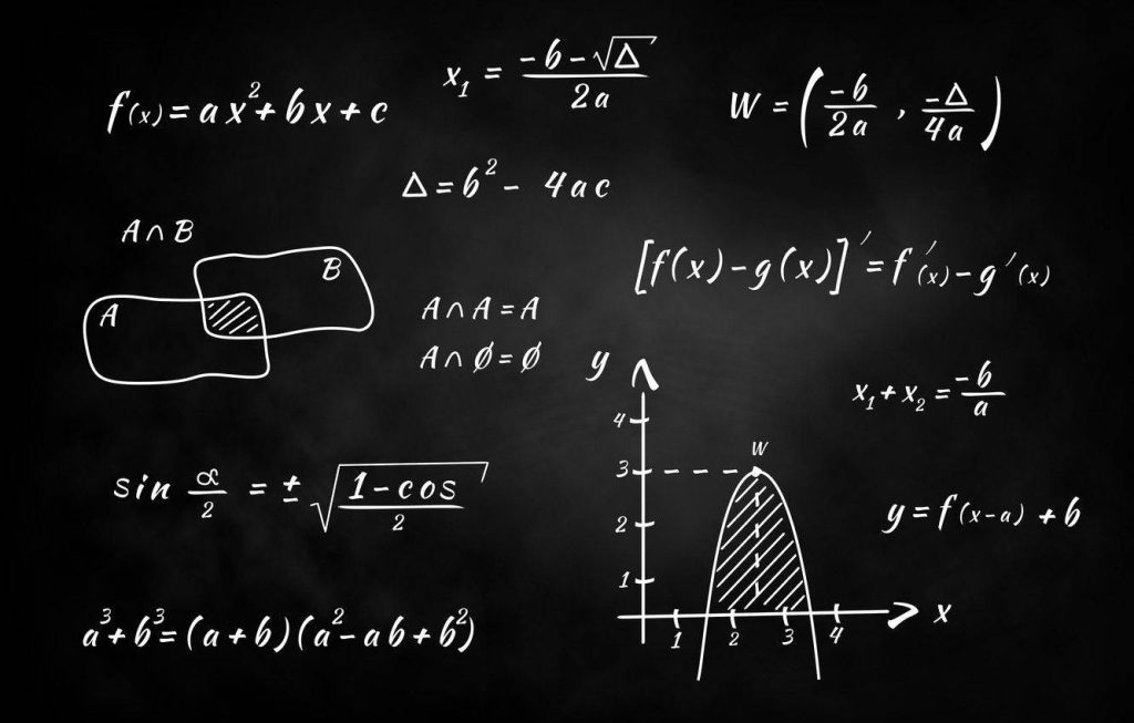 Academic wallpaper with white math formulas graphs and Venn diagrams on a black background