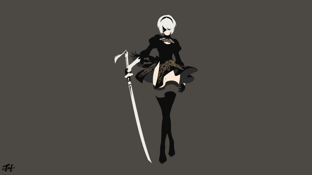 The Minimalist Warrior: 2B from Nier Automata Penetrates your Screen with her Sword Wallpaper