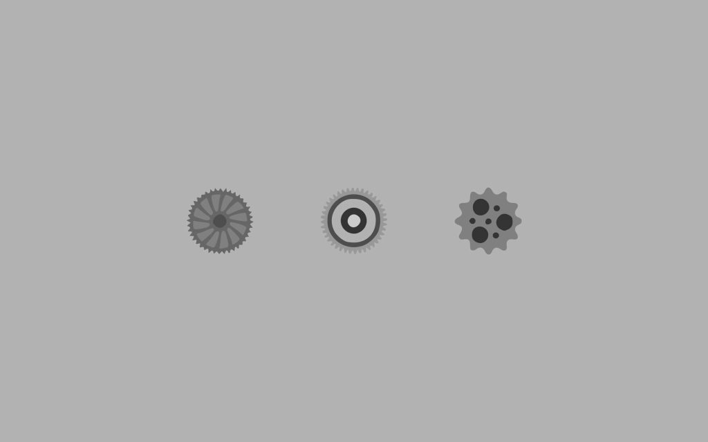 Minimalist mechanical gears array wallpaper with three grey gears on light grey background