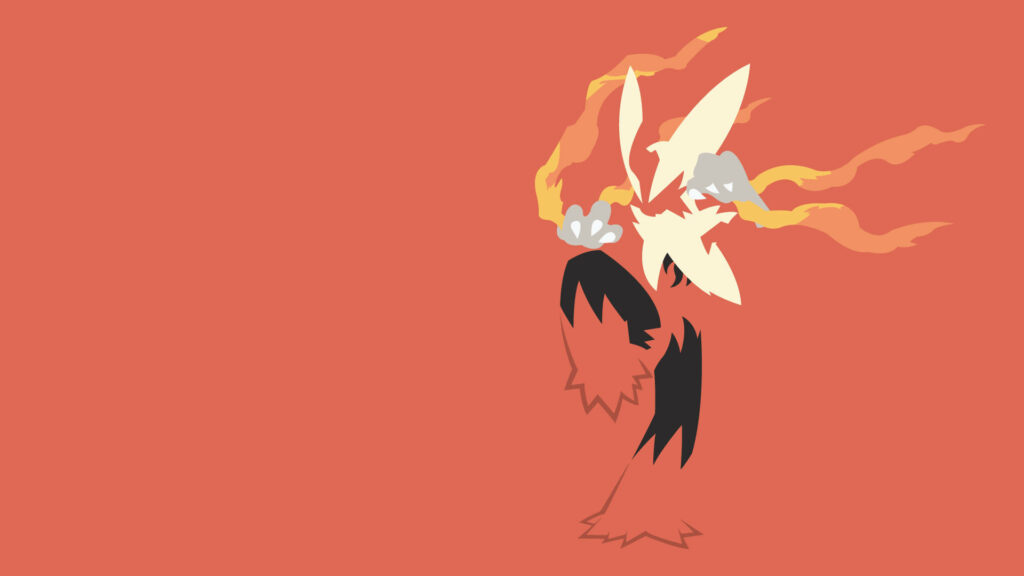 Minimalist Mega Blaziken vector art with dynamic red yellow flames on solid red background wallpaper
