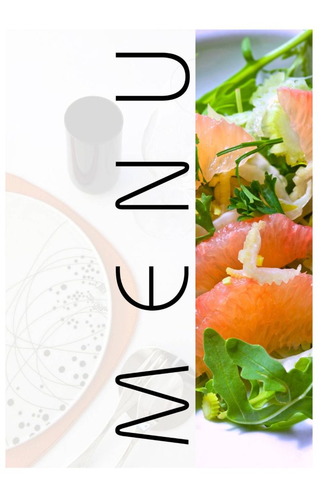 Minimalist menu wallpaper with vertical text and fresh salad of grapefruit and arugula