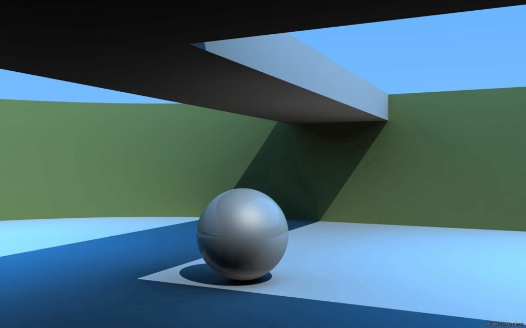 Minimalist Geometric Wallpaper: Metallic Ball & Blue Sky Design