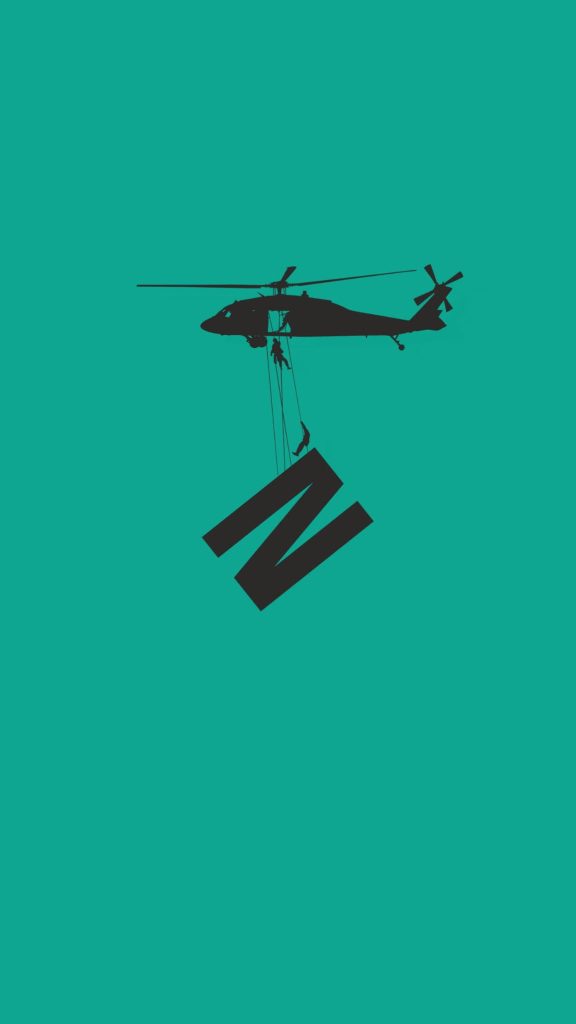 Minimalist N wallpaper with black military helicopter and soldiers rappelling on teal background